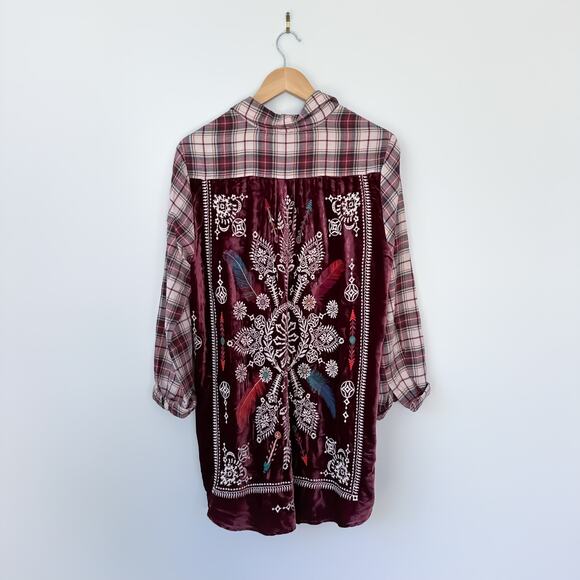 Johnny Was 3J Workshop Lorie Plaid Embroidered Shirt Burgundy M - Picture 3 of 10